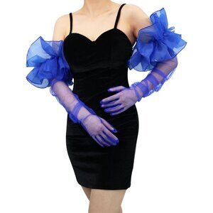 Women's Royal Blue Ruffle Puff Tulle Fabric Mesh Long Sleeve Glove Cocktail Prom